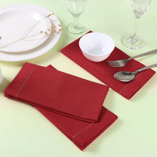 Image of FINGERCRAFT Hemstitched Cotton Table Napkins - 20x20 Inch, 100% Cotton Cloth Napkins with Faggoting Stitching - Durable & Elegant for Parties (Tango Red, Set of 12)