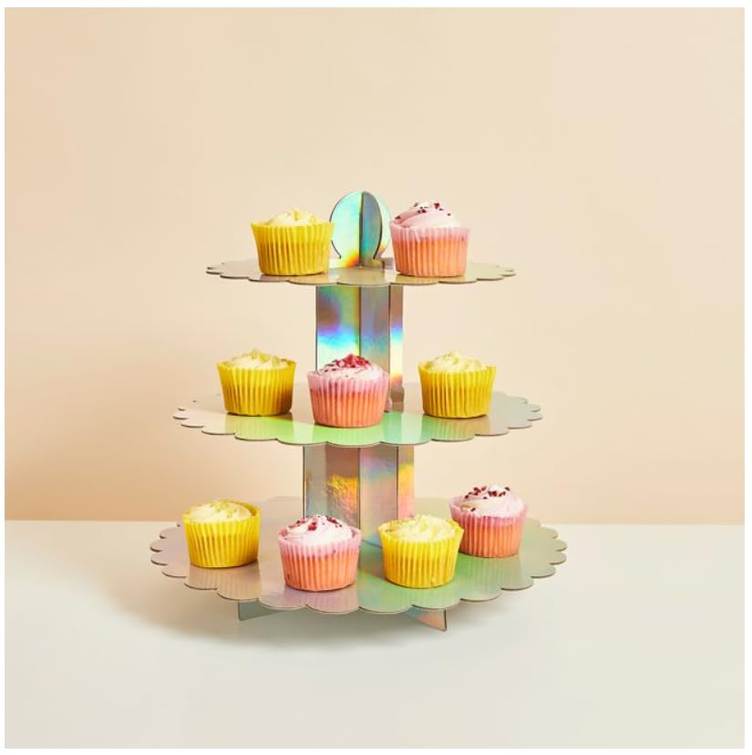 3 Tier Cake Stands for Afternoon Tea, Biodegradable Cupcake Stand Cardboard, Round Dessert Tower for Party,Birthday,Anniversary, Wedding,Baby Shower (Iridescent 3 Tier Scallop Cake Stand)