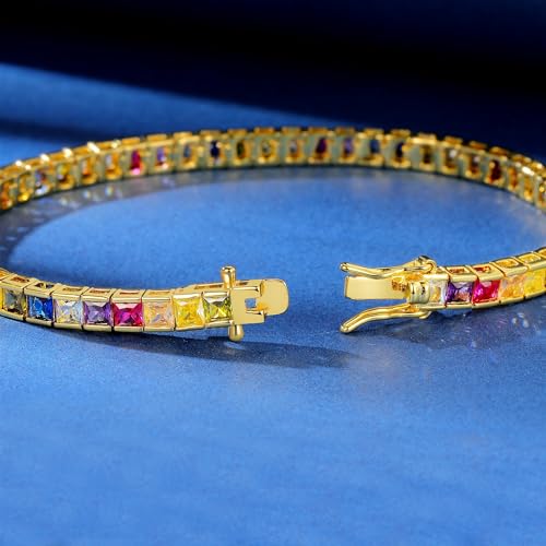 Gemsme 2 * 2/2.5 * 5/3 * 3/3/4/5mm Colored Cubic Zirconia Tennis Bracelet for Women-18K White/Yellow Gold Plated Cubic Zirconia Rainbow Tennis Link Bracelet 6-8.5 Inches4