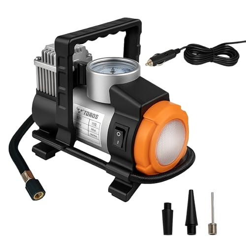 Image of TOROS Topper Heavy-Duty Tyre Inflator /Air Compressor with Auto Cut-Off & LED Light,120 Watts, Copper Armature, Metal Cylinder, 35 Liters Per Minute, 12V Dc, 150 Psi with 15 Months warranty (TOPPER)