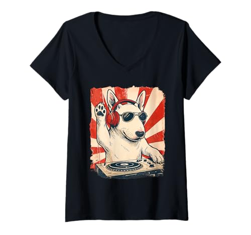Womens English Bull Terrier DJ House Music Retro Dog Lover V-Neck T-Shirt