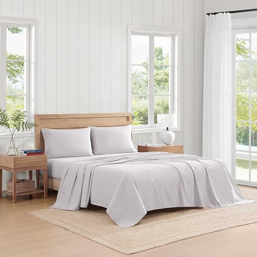Image of Tommy Hilfiger - Queen Size Sheets Set, Crisp & Tailored Cooling Sheets with a Naturally Smooth Cotton Percale Lightweight Feel - Bed Sheets with Matching Pillowcases & Fitted Sheet (Grey)