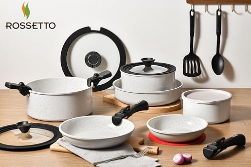 ROSSETTO – Set de cuisine comprenant 23 pièces. Une marmite, une sauteuse, des poêles et des casseroles le tout empliable, poignée amovible, Avec un revetement anti-adhésif, sans PFOA et PFOS – vue 2