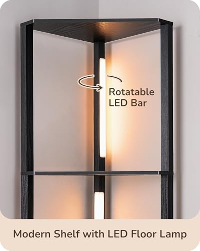 Image of EDISHINE 64'' Corner Display Shelf Floor Lamp, 3CCT, Floor Lamp, Black | Stepless Dimming, Modern 4-Layer Shelf, Foot Switch, 3000K-4000K-5000K, Tall Corner Lamp for Bedroom, Office, Dining Room
