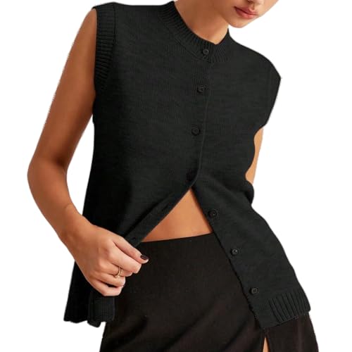 Image of Women Button Down Knit Sweater Vest Casual Loose Fit Crew Neck Sleeveless Button Front Knitted Sweater Cardigan