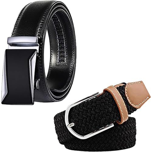 Mens Ratchet Genuine Leather with Automatic Buckle Belt and Braided Belt in Elegant Gift Box,Nice Gift for Men.M