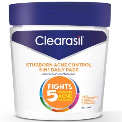 Clearasil Stubborn Acne Control 5-in-1 Daily Pads with Salicylic Acid Acne Medication, 90 Count (Pack of 5)