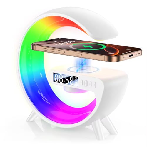 YIVXOZE Smart LED Table Lamp, Sunrise Alarm Clock with Wireless Charger Atmosphere Lamp 4-in-1 Speaker (White)