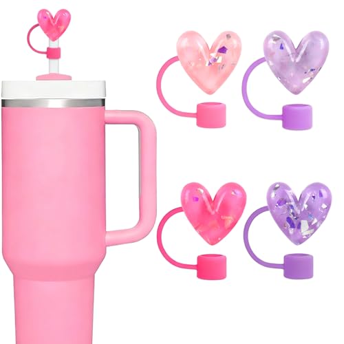 JarThenaAMCS 4Pcs Valentine's Day Straw Cover Caps 0.4 Inch Sequin Heart Resin Reusable Straw Topper for 30 & 40 OZ Tumbler Cups (Pink, Purple)