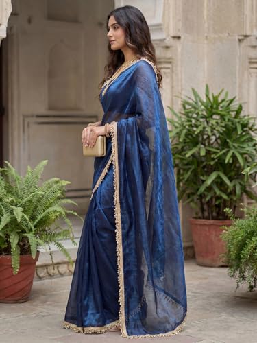 Image of AKHILAM Women's Shimmer Net Solid Saree With Unstitched Blouse Piece