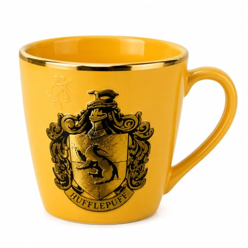 Image of Official Harry Potter Hufflepuff Mug – Gold Foil & 3D Embossed Crest Ceramic Coffee Cup with Gift Box, Wizarding World Collectible for Tea & Coffee Lovers