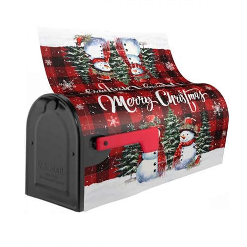Image of Merry Christmas Buffalo Plaid Snowman Mailbox Cover - Magnetic, Standard Size 25.5 x 21 Inches, Holiday Decorative Wrap for Home Outdoor Garden