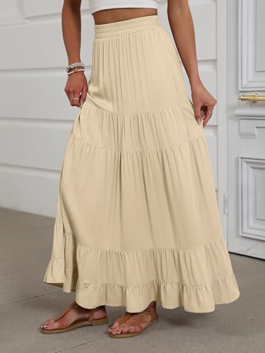 Image of ANRABESS Womens Maxi Skirt Elastic High Waist Swing Tiered A-line Flowy Pleated Boho Beach Vacation Long Skirts