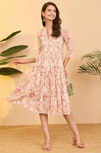 Image of Janasya Women's Light Pink Pure Cotton Floral Printed Tiered Dress
