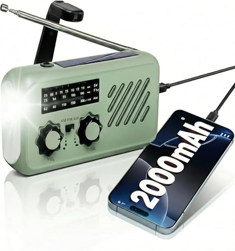 Radio di emergenza portatile, alimentazione solare a mano Cranked Am/Fm, radio di sopravvivenza di emergenza, radio di emergenza, allarme SOS 2000 mAh, caricatore portatile USB ricaricabile, torcia da