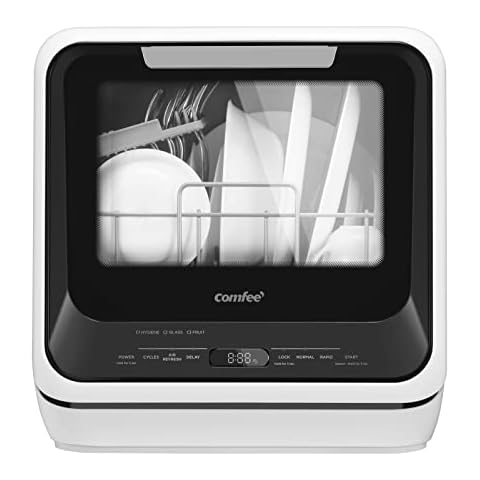 COMFEE' Portable Mini Dishwasher Countertop with 5L Built-in Water Tank for Apartments& RVs, No Hookup Needed, 6 Programs, 360° Dual Spray, 162℉ High-Temp& Air-Dry Function Cover