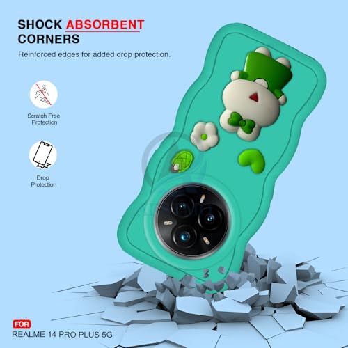 Image of AESTMO Back Case Cover for Realme 14 Pro Plus 5G | 3D Cute Fun Cartoon Characters | Anti Slip Grip Cute Wave Curly Frame Shape | Back Cover for Realme 14 Pro Plus 5G (Green)
