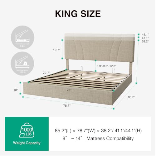 Image of Novilla King Lift Up Storage Bed Frame /Charging Station /LED Light, Beige