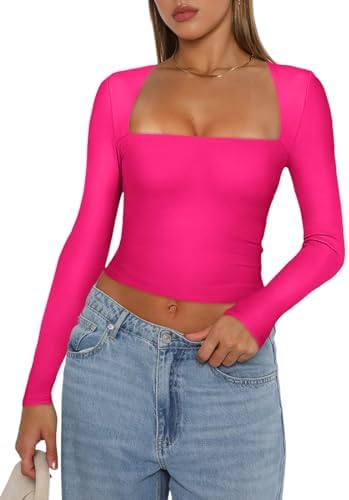 REORIA Women's Basic Sexy Square Neck Long Sleeve Y2K Going Out T Shirt Crop Top