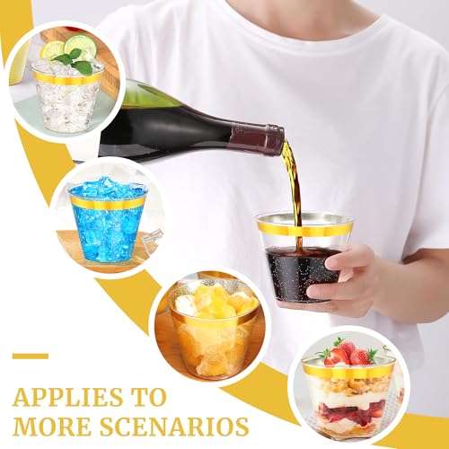Image of 100 Pcs 9oz Glitter Gold Plastic Cups,9Oz Gold Rimmed Plastic Cups With Glitter Golden,Heavy Duty Clear Disposable Plasitc Cocktail Tumblers Wine Cup for Party,Wedding,Birthday,Holiday
