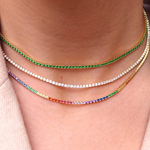Luxval Tennis Necklace 14K Green Choker Necklaces For Women Dainty Zirconia Cut Faux Diamond Chain 3Mm Width 14Inches #TOP4