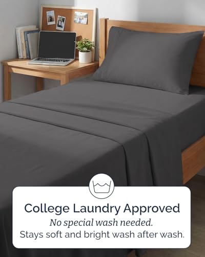 Image of Twin XL 4 Piece Sheet Set - College Dorm Room Essentials - Dark Grey | Ultra Soft Dorm Bedding Set, 8 inch to 16 inch Inch Deep Pockets, 1 Flat & 1 Fitted Sheet & 2 Pillowcases, Wrinkle & Fade Free