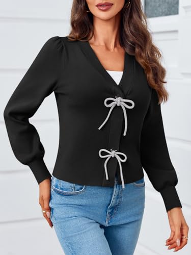 Image of Saodimallsu Womens Puff Long Sleeve Sweaters V Neck Cropped Bow Button Front Cozy Knit Cardigan Sweater Tops Black, Large
