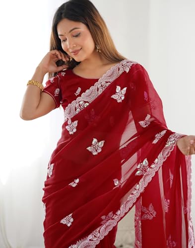 Image of SIRIL Women's Shimmer Chiffon Sequence Embroidery Saree With Unstitched Blouse Piece for Wedding and Parties