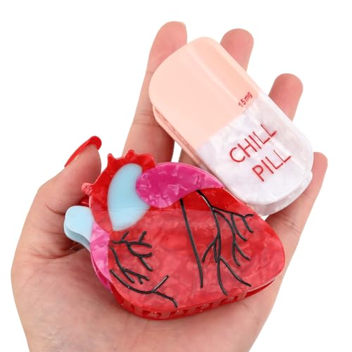 Chill Pill Acetate Hair Claw Clip Pharmacy Claw Clip Anatomical Heart for Nurses Holiday, Personalized and Fun for women Gift (Pill Heart)