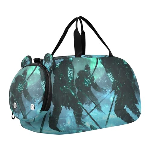 Gym Travel Duffle Bag for Boys Girls Four People Playing Ice Hockey Sports Dance Bag with Shoe Compartment & Wet Pocket Football Kids Travel Bag Teens Sleepover Carry