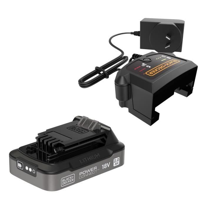 BLACK+DECKER POWERCONNECT 18V Batería de 2.0 Ah + 1A cargador rápido Negro, Batería de litio con indicador de estado de carga
