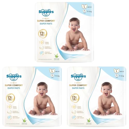 Image of Amazon Brand - Supples Super Comfort Baby Diaper Pants | Large (9-14 kg), 56 Count | Dermatologically tested, Ultra-Thin, Soft & Breathable | Wetness Indicator, Anti-Leak, All-Night Absorbency