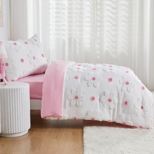 Image of Toddler Bedding Set for Girls 4-Piece Pink Boho Tufted Daisy Flowers Toddler Comforter Set Bed-in-a-Bag Toddler Sheets Bedroom Set with Toddler Comforter, Flat Sheet, Fitted Sheet, Pillowcase