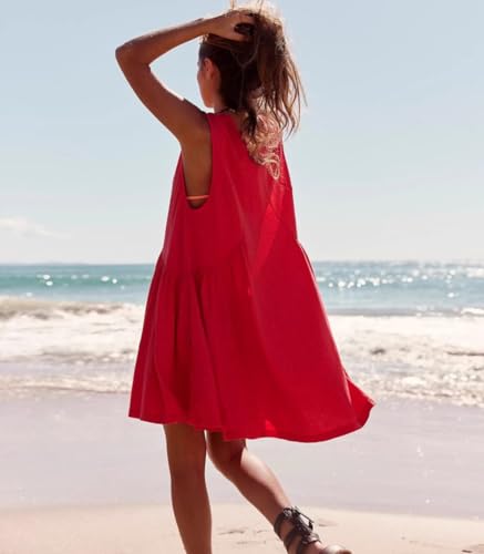 Image of Womens Babydoll Dress Summer Sleeveless Mini Dress Casual Loose V Neck Swing Flowy Beach Sundresses with Pockets