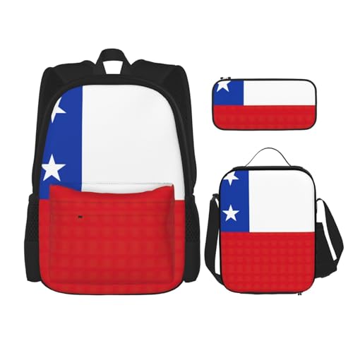 nanger Flag Of Chile Print 3-Piece Set Backpack, Lunch Bag And Pencil Case, For Travel, College, And Daily Use