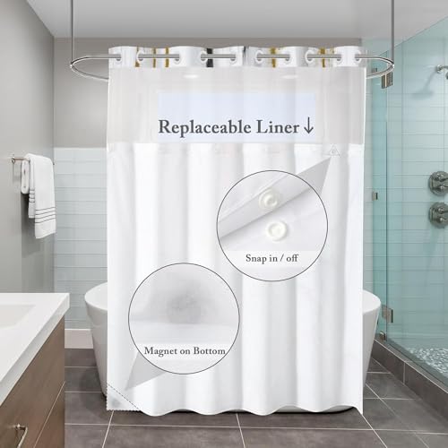 Caheansi No Hook Shower Curtain with Snap in Liner, Hotel Style Black White Gold Brush Strokes Art Modern Shower Curtain Waterpoof Washable with See Through Top Window,71"x74" by Caheansi - Used condition - Image 4