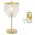 Touch Control Crystal Table Lamp with USB C+A Ports, 3-Way Dimmable Gold Lamp, Bedside Light with Crystal Shade, Girls Lamp for Bedroom, Living Room, Teens Room, Dresser, 6W LED Bulb Included