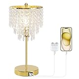 Touch Control Crystal Table Lamp with USB C+A Ports, 3-Way Dimmable Gold Lamp, Bedside Light with Crystal Shade, Girls Lamp for Bedroom, Living Room, Teens Room, Dresser, 6W LED Bulb Included
