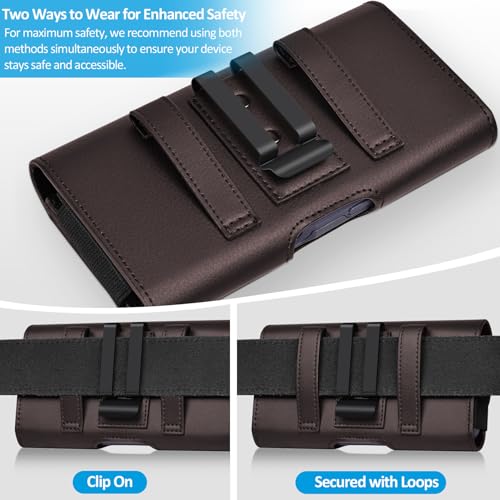Image of ACCKUO Leather Phone Holster with Strong Metal Belt Clip and Card Holder Compatible with iPhone 17 16 15 14 13 12 and Pro, Galaxy S26 S25 S24 S23 S22 S21 S20 for Everyday Protection, M-Coffee
