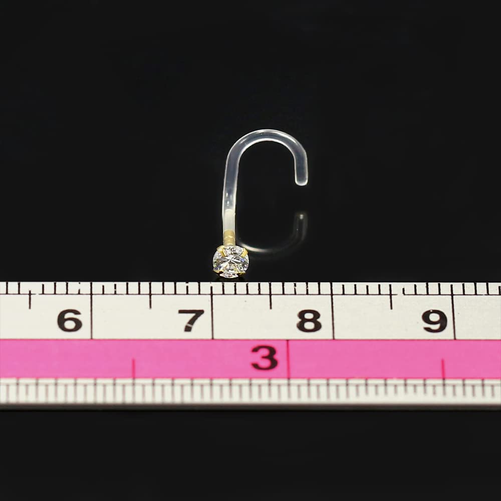 Runde CZ Stein massivem Gelbgold mit 18 Gauge Bio-Plast Nase Schraube Schmuck auf 14K einstellen