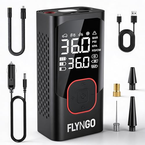 Image of FLYNGO 2-in-1 Tyre Inflator for Car and Bike, 150 PSI Wireless & Wired (4000mAh or 12V DC) Portable Air Compressor Pump with Type C Port, Digital Display, Power Bank, LED Flash Light (FL-CTIP-1)