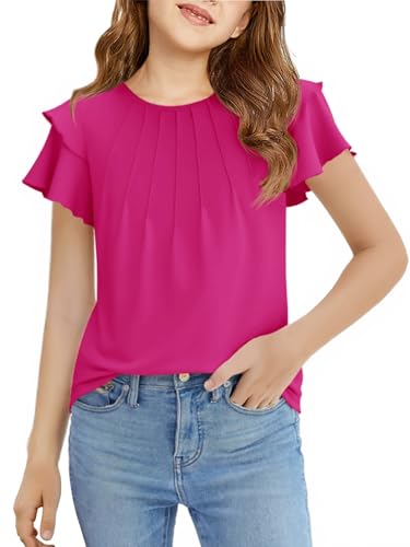 Image of Haloumoning Girls Pleated Ruffle Short Sleeve Shirts Kids Summer Crewneck T-Shirts Fashion Tops Tees 5-14 Years