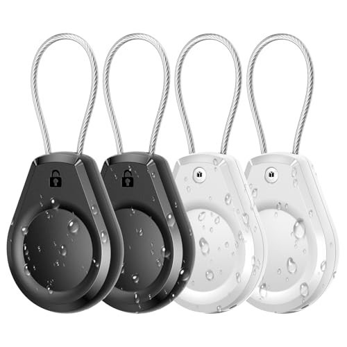 Waterproof AirTag Keychain Holder - (4 Pack) Air tag Lock Case with Wire Cable Compatible with Apple AirTags, Ultra Durable Anti-Lost Protective Case for Luggage, Key, Backpack, Black/White