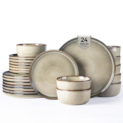 Image of GBHOME Dinnerware Sets for 8, 24 Pieces Stoneware Plates and Bowls Sets, Scratch Resistant Dishes, Dishwasher & Microwave Safe, Reactive Glaze