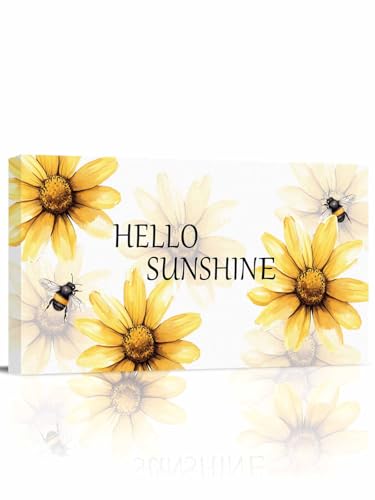 Hello Sunshine Modern Canvas Wall Art 12x24 inch, Summer Sunflower