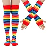 YIPFEN Kniestrümpfe & Handschuhe Set Ideal für Karneval, Halloween & Fasching (Overknee) (Bunte...