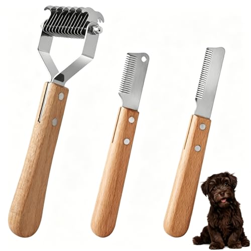 3 Teilig Trimmmesser für Hunde, Hund mit Holzgriff, Haustierpflege Werkzeug für Hundefell Unterwolle Fellmesser, Aufdeckkamm, Kurzhaarkamm, Hundekamm, Trimmkamm Für Hunde, Grober Kamm Zur Fellpflege