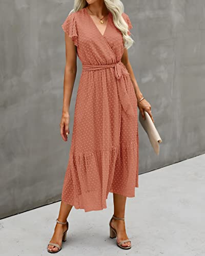 Image of BTFBM Women Summer Bohemian Floral Casual Wrap V Neck Ruffle Cap Sleeveless Belt A-Line Pleated Hem Midi Sun Dress White