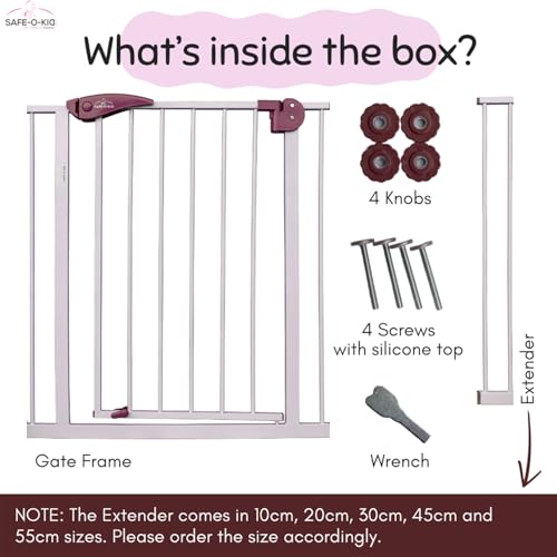 Image of Safe-O-Kid Adjustable 1-Year Warranty Baby Safety Gate (75-85 cm) - Durable Metal Child Gate for Kids, Dog Gate, Baby Gate with 2-Way Auto-Close, Secret Lock, No Drill Required (Brown)