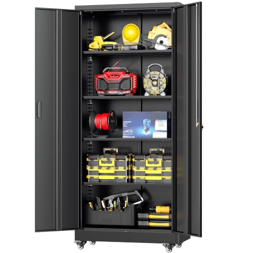Image of Greenvelly Metal Storage Cabinet with Wheels, 73 inch Black Lockable Rolling Storage Cabinets with Doors and 4 Adjustable Shelves, Large Steel Cabinet for Garage, Office, Home, School